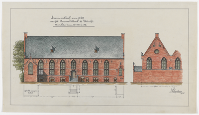 215007 Opstand van de voor- en zijgevel van het Leeuwenberggasthuis op de hoek van de Schalkwijkstraat en het ...